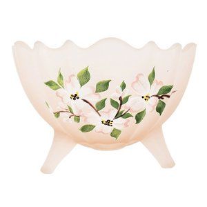 Satin Glass Hand Painted Pink Footed Bowl Scalloped Rim Ribbed Depression VTG